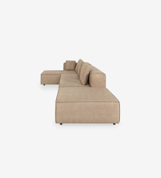 Canapé d'angle, avec chaise longue et houppette, recouvert de tissu.