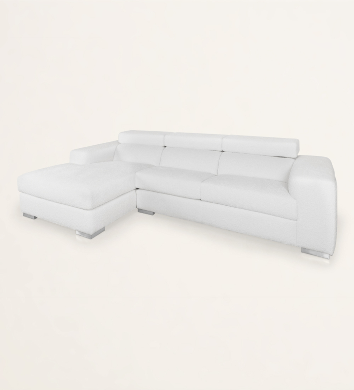 Canapé 2 places avec chaise longue, revêtu de tissu, avec têtières inclinables.