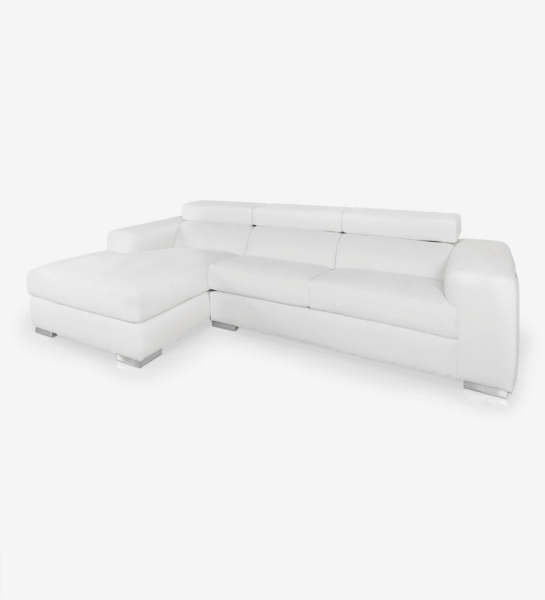2 seater sofa with chaise longue, upholstered in fabric, with reclining headrests.