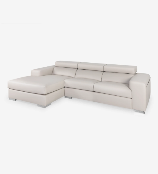 2 seater sofa with chaise longue upholstered in eco leather, with reclining headrests and metal feet.