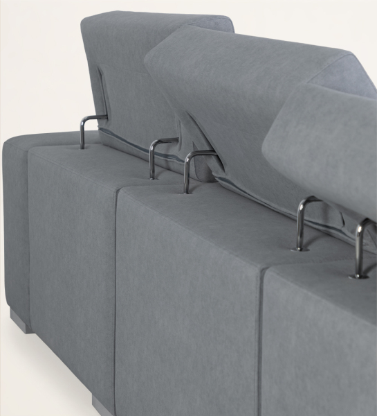 Sofá de 3 lugares com chaise longue, estofado a tecido, com apoios de cabeça reclináveis.