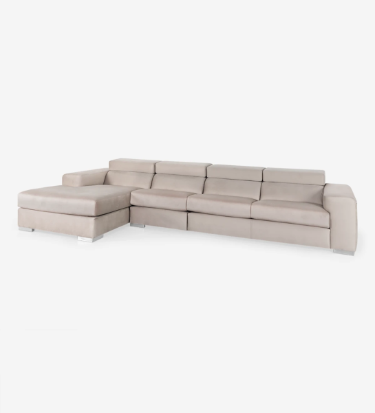 3 seater sofa with chaise longue, upholstered in fabric, with reclining headrests.