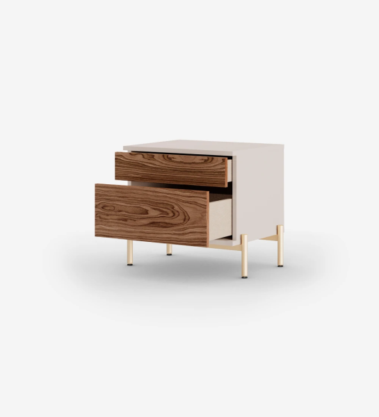 Bedside table with 2 walnut drawers, pearl structure and golden lacquered metal feet with levelers.