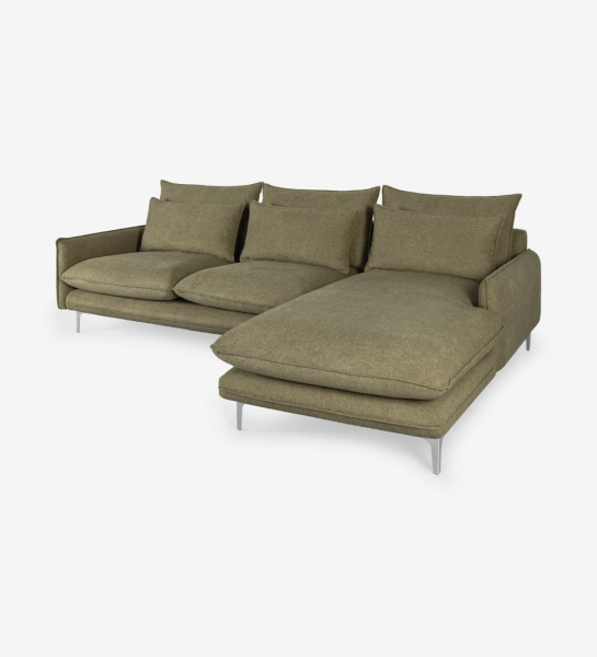2 seater sofa with chaise longue, upholstered in fabric with metallic feet.