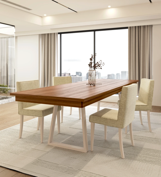 Rectangular dining table with walnut top and pearl lacquered metal feet.