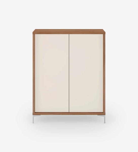 Cupboard with 2 pearl doors, walnut structure and metallic feet.