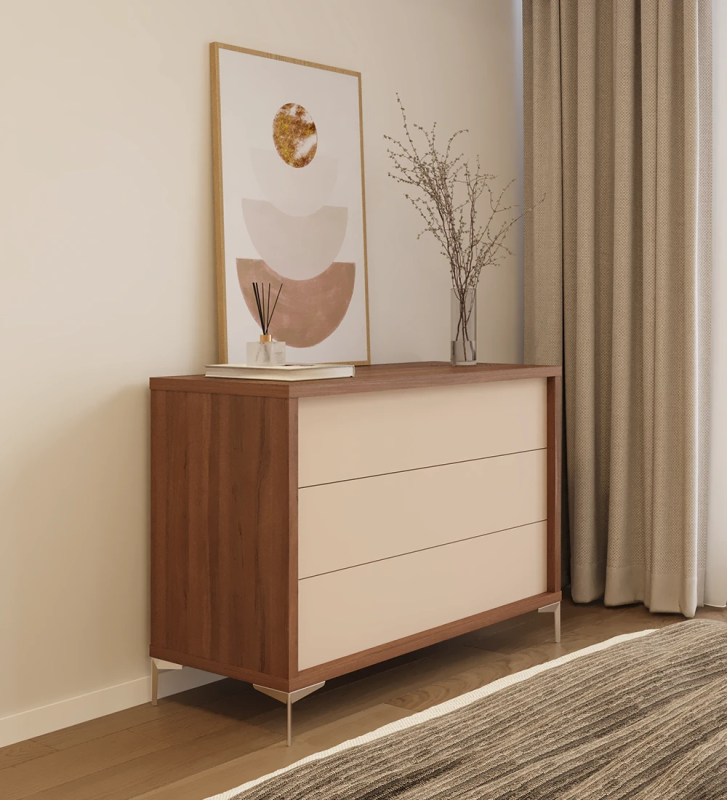 Dresser with 3 pearl drawers, walnut structure and metallic feet.