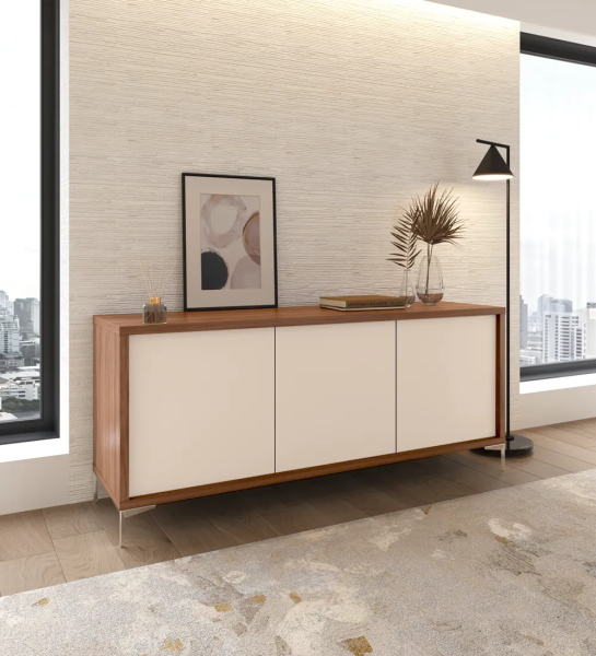 Sideboard with 3 pearl doors, walnut structure and metallic feet.