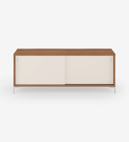 Sideboard with 2 sliding pearl doors, walnut structure and metallic feet.