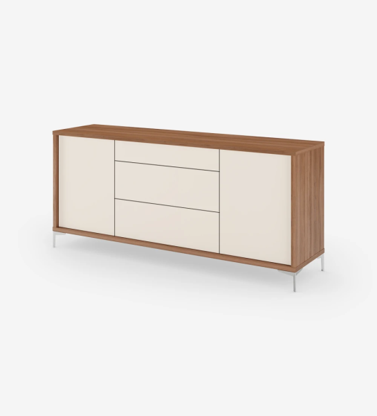 Sideboard with 2 doors and 3 drawers in pearl, walnut structure and metallic feet.
