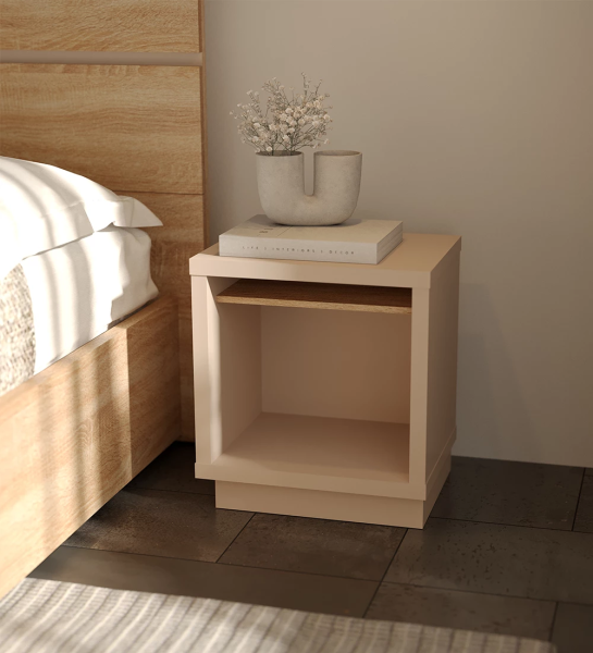 Pearl bedside table with natural oak shelf.