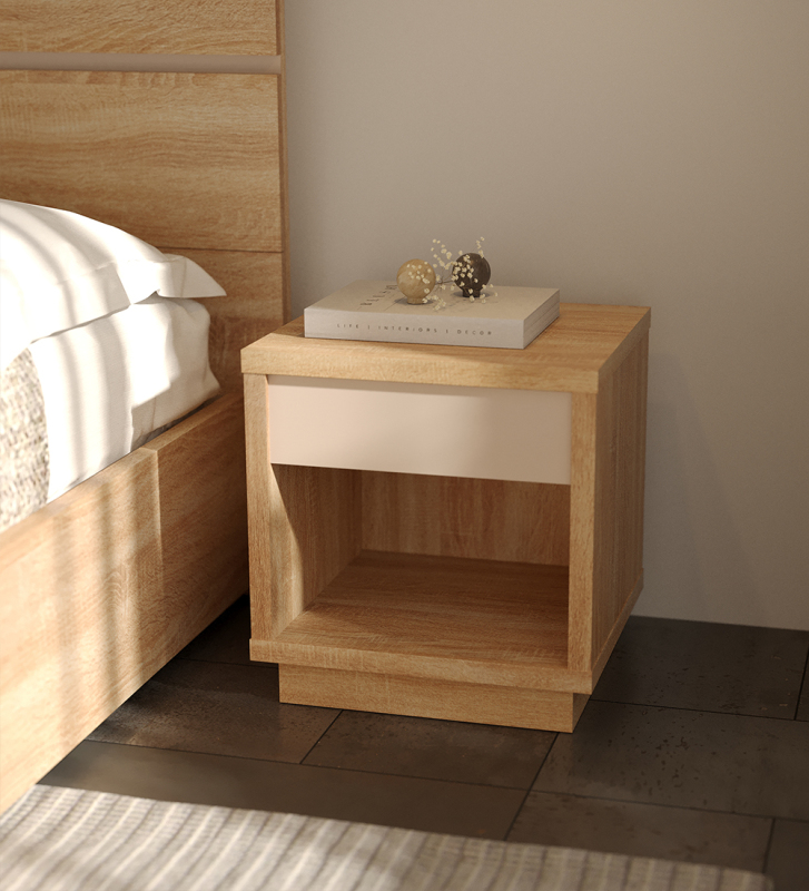 Bedside table with 1 drawer in pearl, with structure in natural oak.