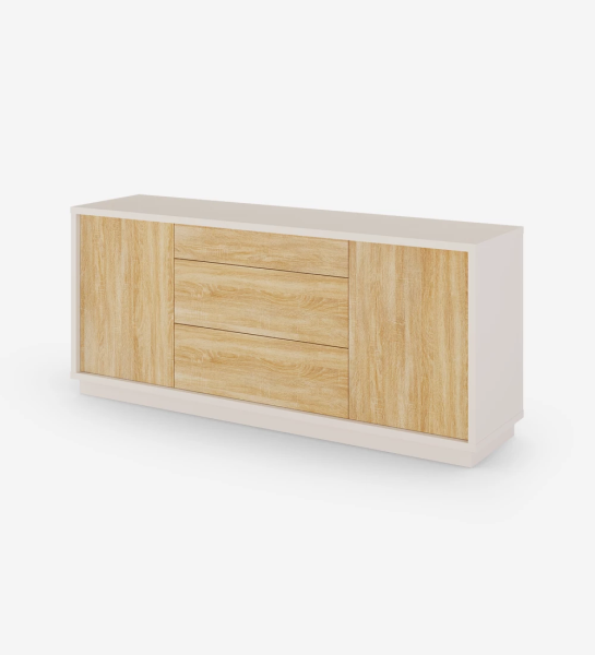 Sideboard with 2 doors and 3 drawers in natural oak, with structure and baseboard in pearl.