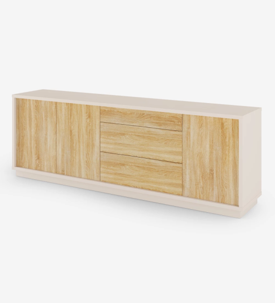 Sideboard with 3 doors and 3 drawers in natural oak, with structure and baseboard in pearl.