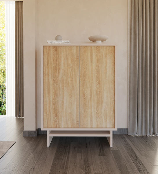 Cupboard with 2 doors in natural oak, with structure in pearl.