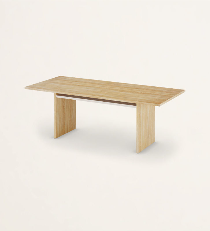 Mesa de jantar retangular em carvalho cor natural e prateleira em pérola.