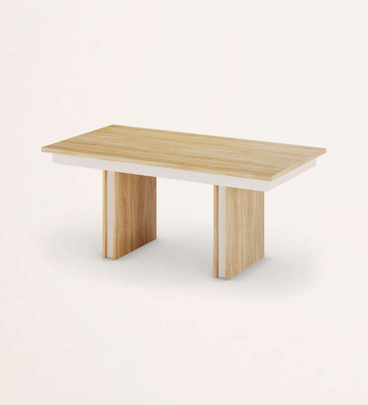 Rectangular extensible dining table in natural oak and pearl detail.