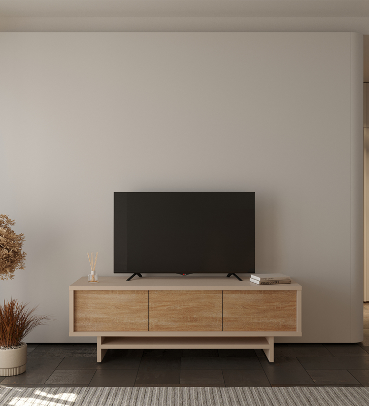 Móvel TV com 3 portas em carvalho cor natural, com estrutura em pérola.