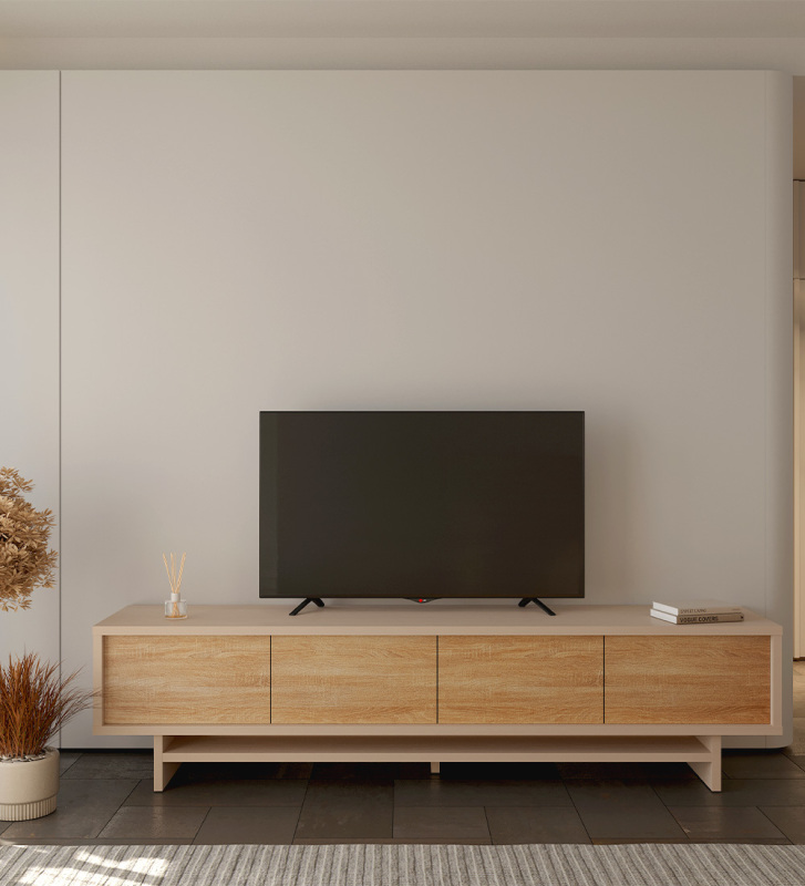 Móvel TV com 4 portas em carvalho cor natural, com estrutura em pérola.