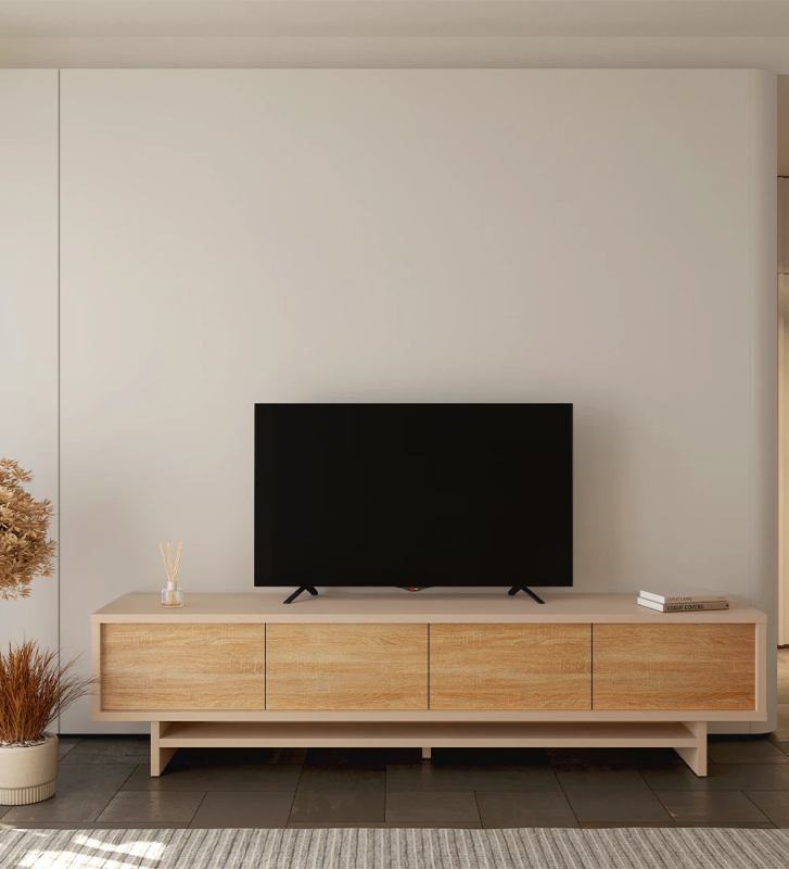 Móvel TV com 4 portas em carvalho cor natural, com estrutura em pérola.
