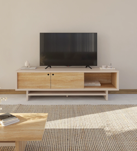 Móvel TV com 2 portas de correr em carvalho cor natural, com estrutura em pérola.