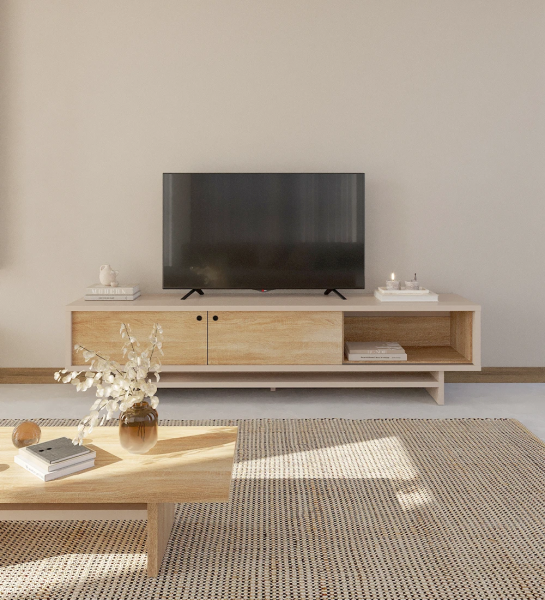 Mueble TV de 2 puertas correderas y módulo móvil en roble natural, con estructura perla.