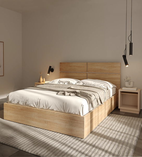 Couple sommier in natural oak, with lift-up bed and 2 drawers for storage.