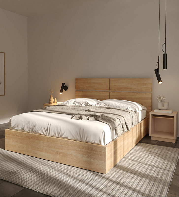 Couple sommier in natural oak, with lift-up bed for storage.