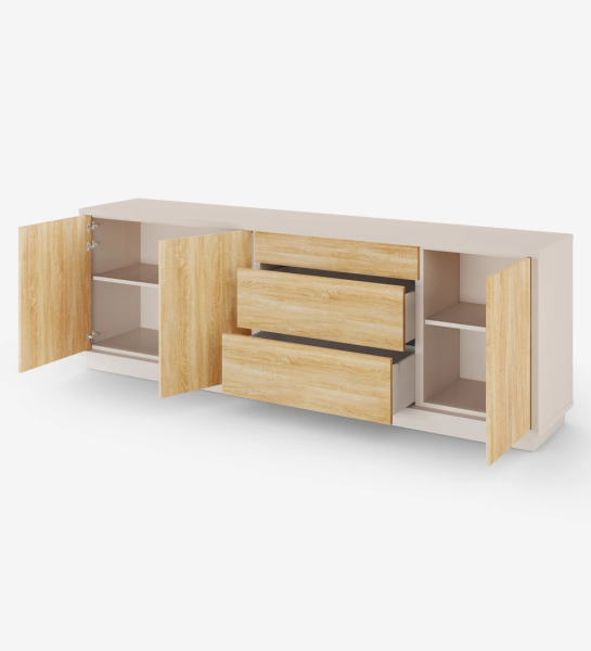 Sideboard with 3 doors and 3 drawers in natural oak, with structure and baseboard in pearl.
