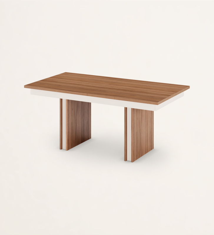 Rectangular extensible dining table in walnut and pearl detail.