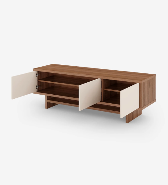 TV Stand with 3 doors in pearl, with structure in walnut.