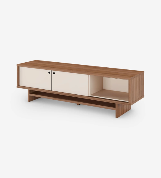 TV Stand with 2 sliding doors in pearl, with structure in walnut.