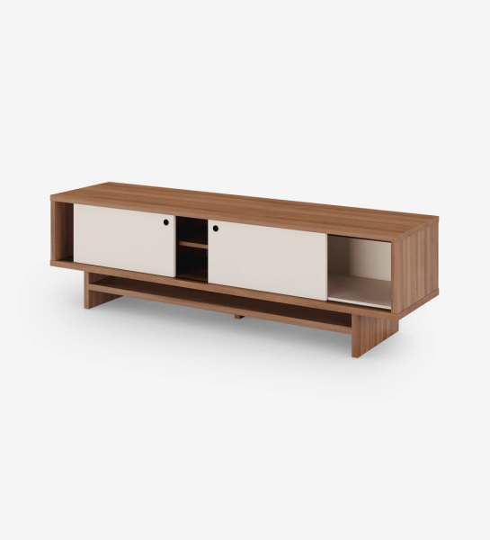 TV Stand with 2 sliding doors in pearl, with structure in walnut.