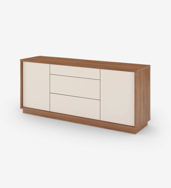 Sideboard with 2 doors and 3 drawers in pearl, with structure and baseboard in walnut.