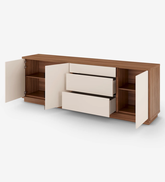 Sideboard with 3 doors and 3 drawers in pearl, with structure and baseboard in walnut.