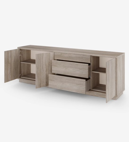 Sideboard with 3 doors, 3 drawers, structure and baseboard in decapé oak.