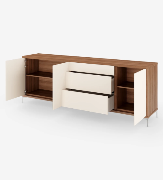 Sideboard with 3 doors and 3 drawers in pearl, walnut structure and metallic feet.