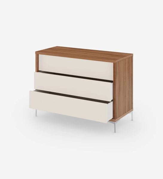 Dresser with 3 pearl drawers, walnut structure and metallic feet.