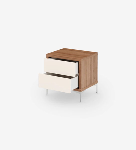 Bedside table with 2 pearl drawers, walnut structure and metallic feet.