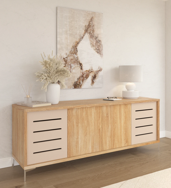Sideboard with 2 side doors in pearl with friezes, 2 central doors and structure in natural oak and metallic feet.