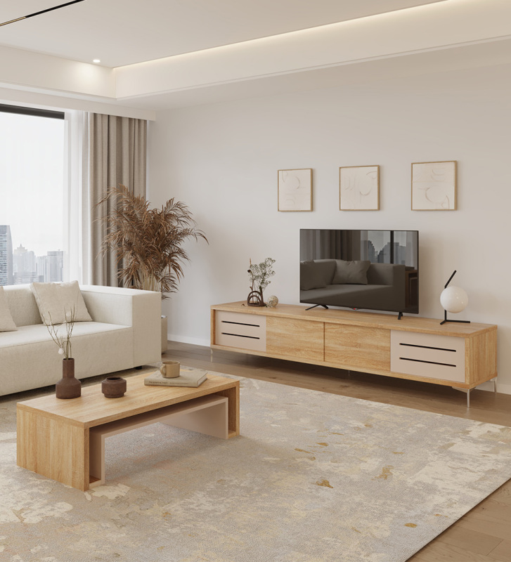 Mueble TV con 4 puertas en perla con frisos, estructura de roble natural y pies metálicos.