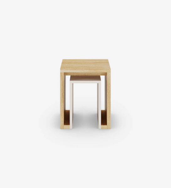 Square side table in natural oak, with pearl interior detail.