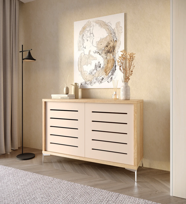 Shoe cabinet with 2 pearl doors with friezes, natural oak structure and metallic feet.