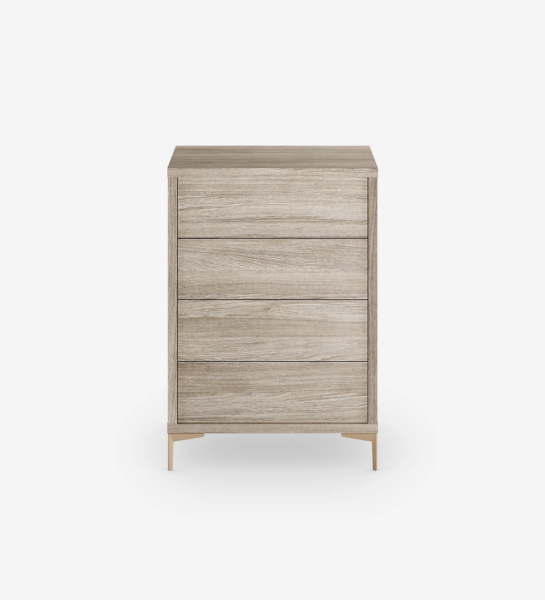 Dresser with 4 drawers, in decapé oak and golden metallic feet.