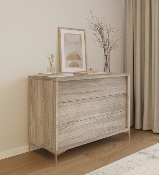 Dresser with 3 drawers, in decapé oak and golden metallic feet.