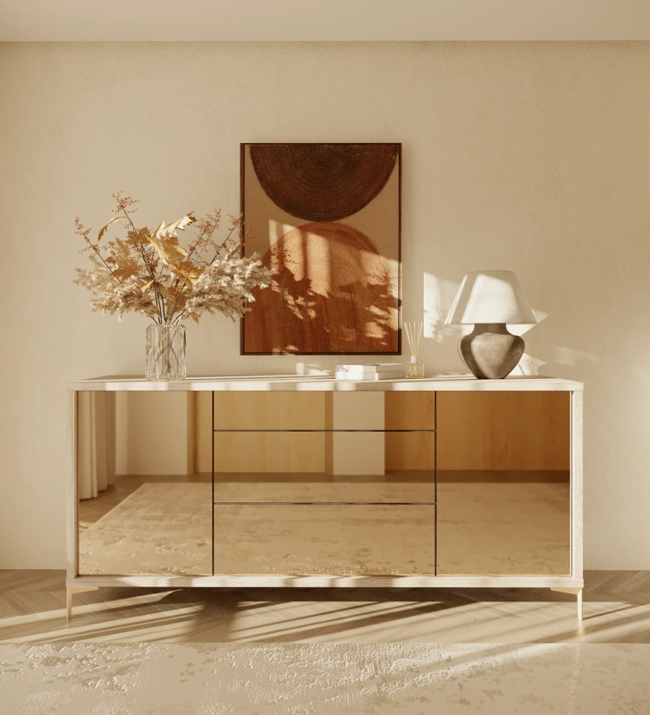 Sideboard with 2 doors and 3 drawers in rosé mirror, with decapé oak structure and golden metallic feet.