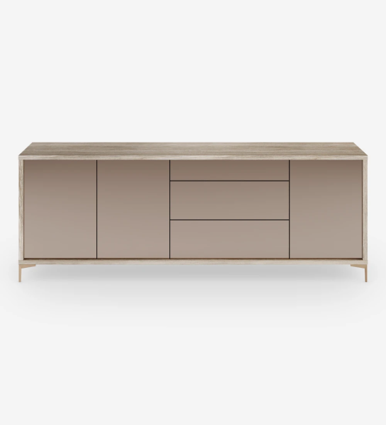Sideboard with 3 doors and 3 drawers in rosé mirror, with decapé oak structure and golden metallic feet.