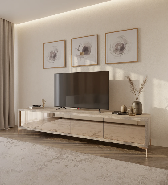 TV Stand with 4 rosé mirror doors, with decapé oak structure and golden metallic feet.