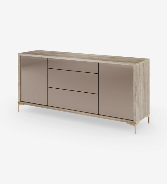 Sideboard with 2 doors and 3 drawers in rosé mirror, with decapé oak structure and golden metallic feet.