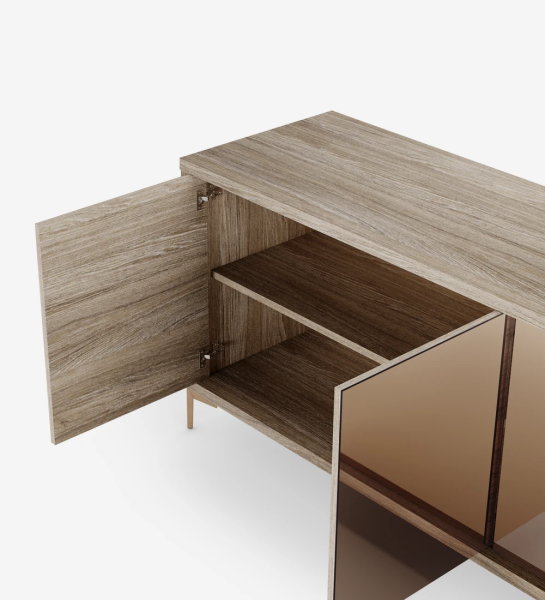 Sideboard with 4 rosé mirror doors, with decapé oak structure and golden metallic feet.